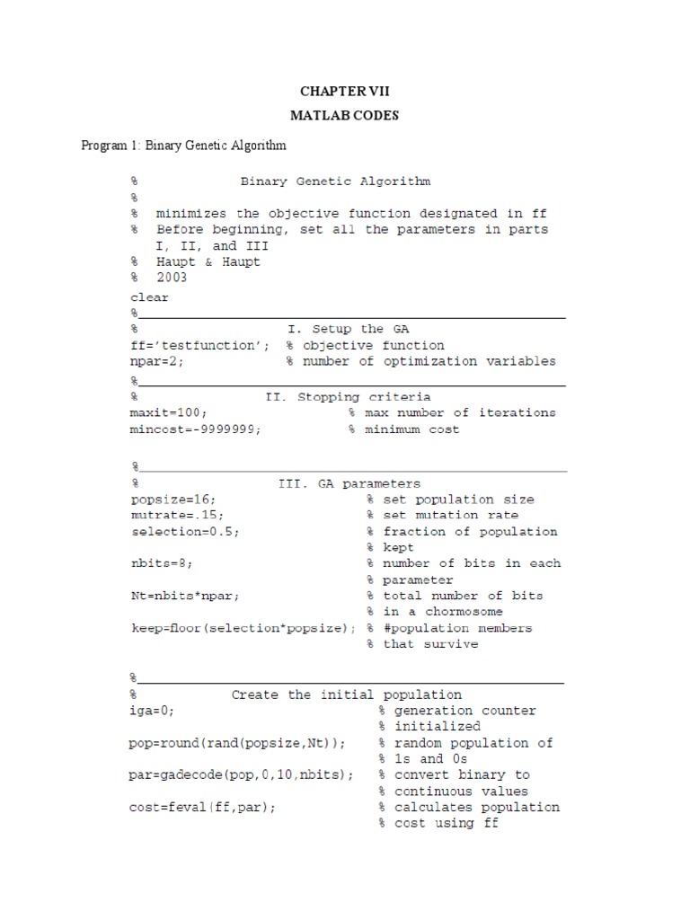 Program 1: Binary Genetic Algorithm: Matlab Codes | PDF