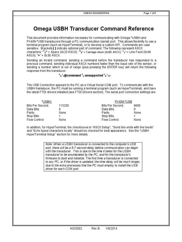 Omega USBH Transducer Command Reference RevB A025002 PDF Ascii Byte
