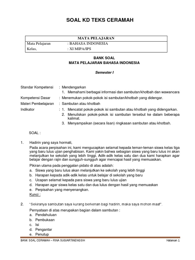 Bank Soal Teks Ceramah Xi Sma
