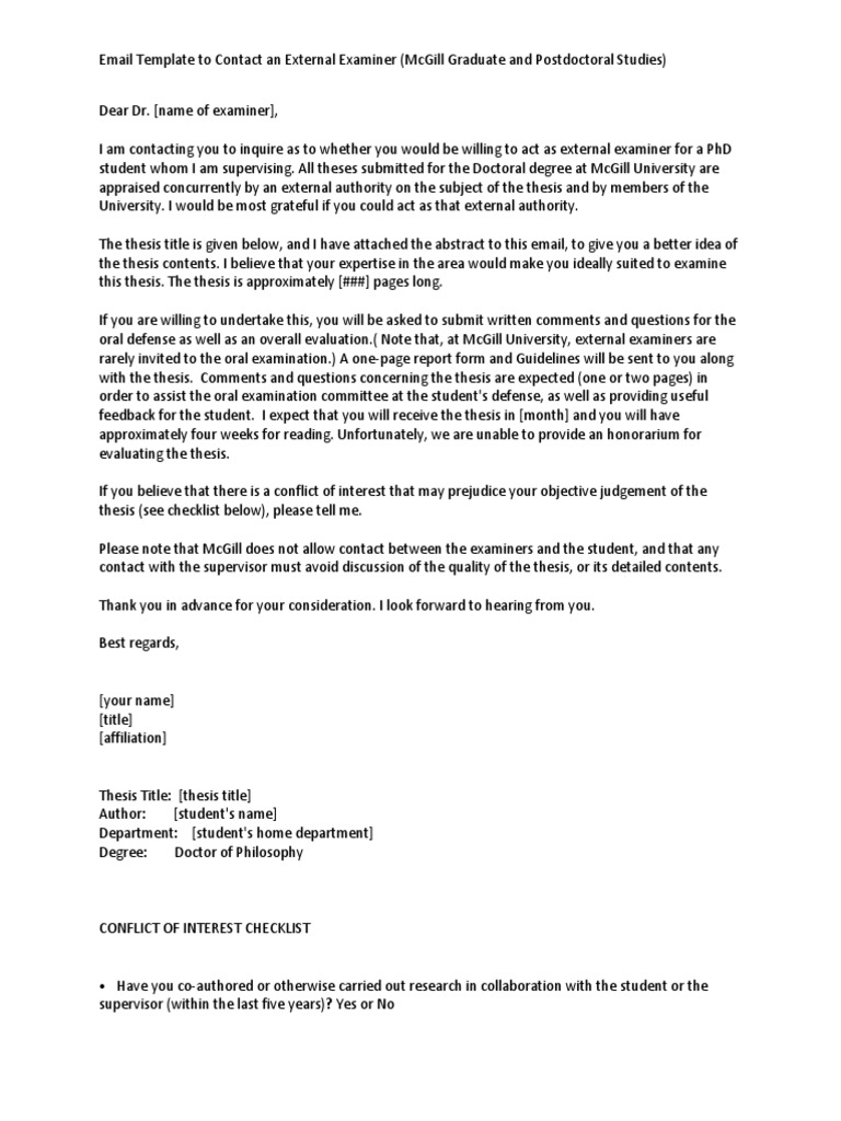 External Examiner Contact Template | PDF | Thesis | Doctor Of Philosophy