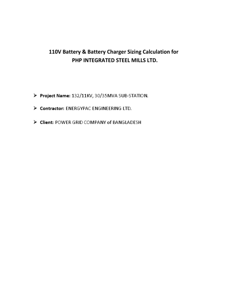 110V Battery & Battery Charger Sizing Calculation For PHP Integrated