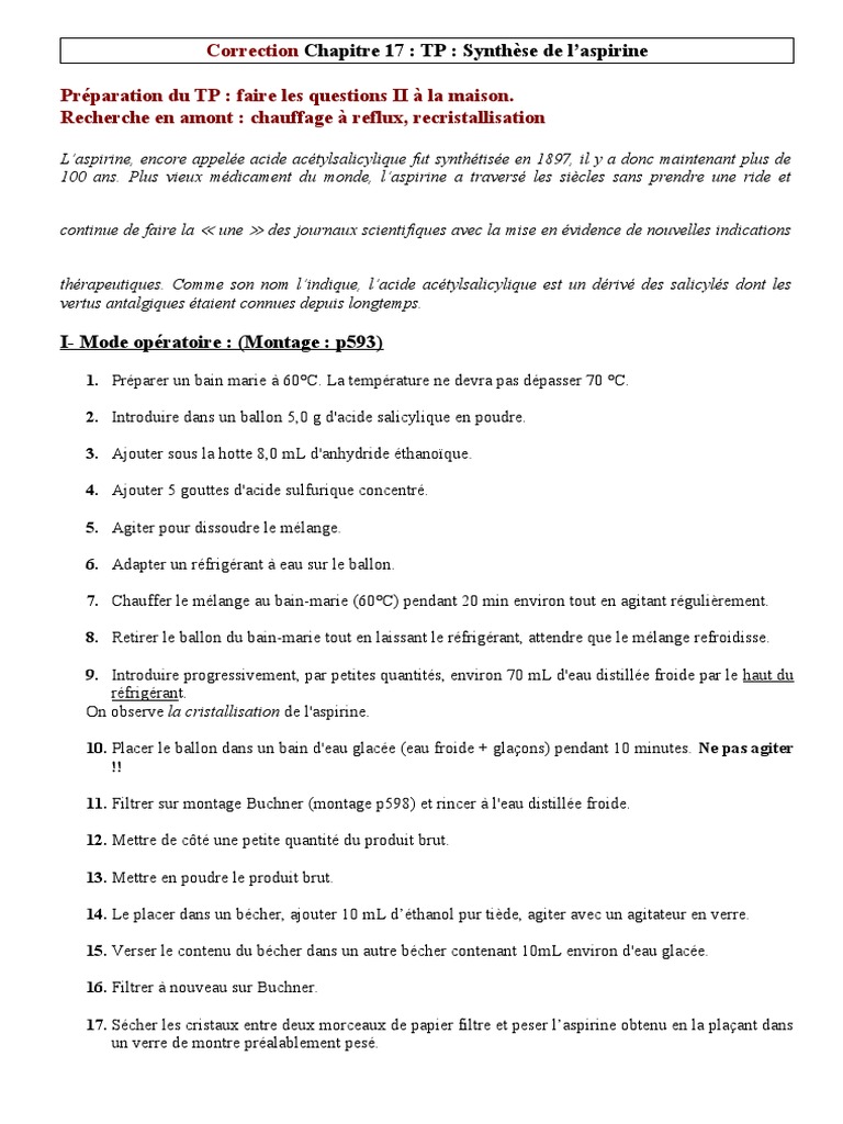 Correction TP Synthèse de l'Aspirine | PDF | Aspirine | Acide