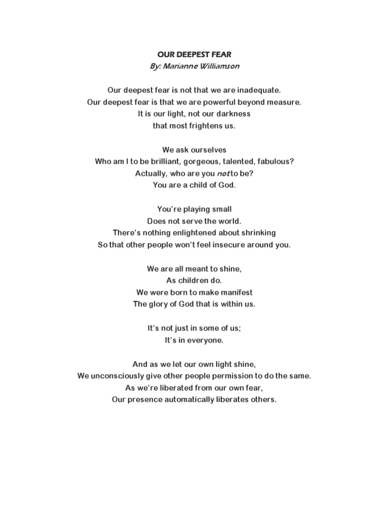 Our Deepest Fear By Marianne Williamson