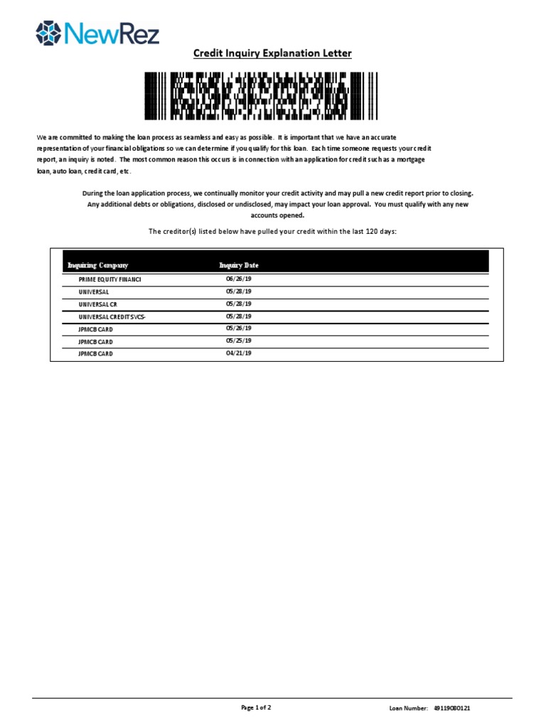 credit inquiry explanation letter the creditors listed