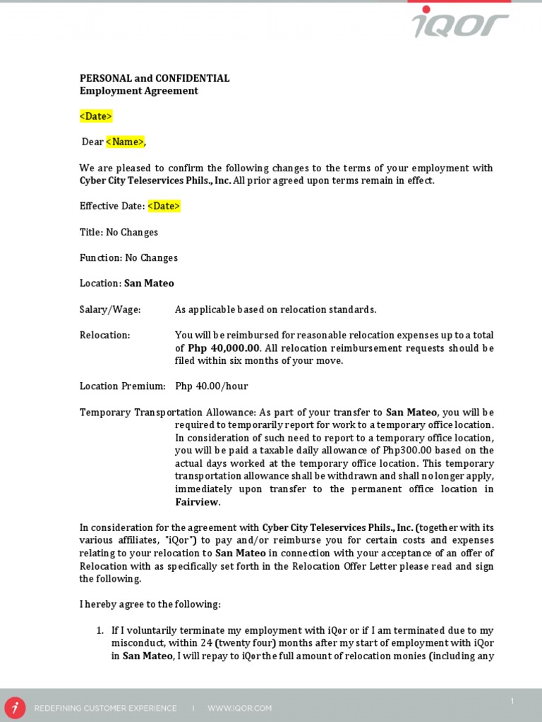 Relocation Expense Repayment Agreement | PDF | Expense | Employment