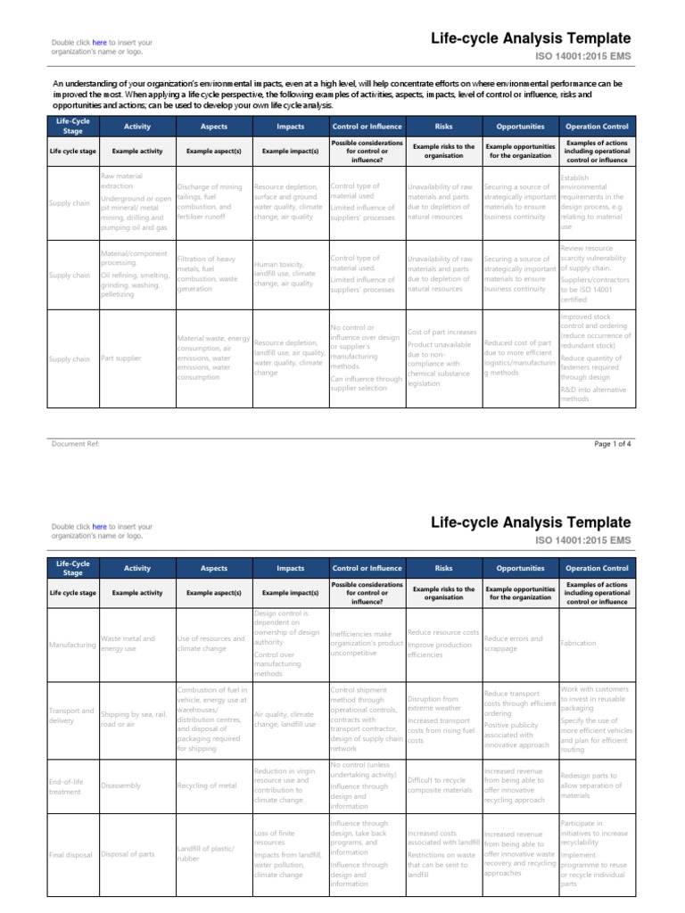 Life Cycle Analysis Template PDF Life Cycle Assessment Recycling