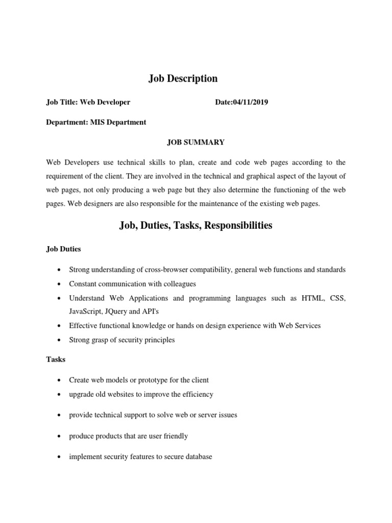 Job Description of Web Developer | PDF | Web Design | World Wide Web