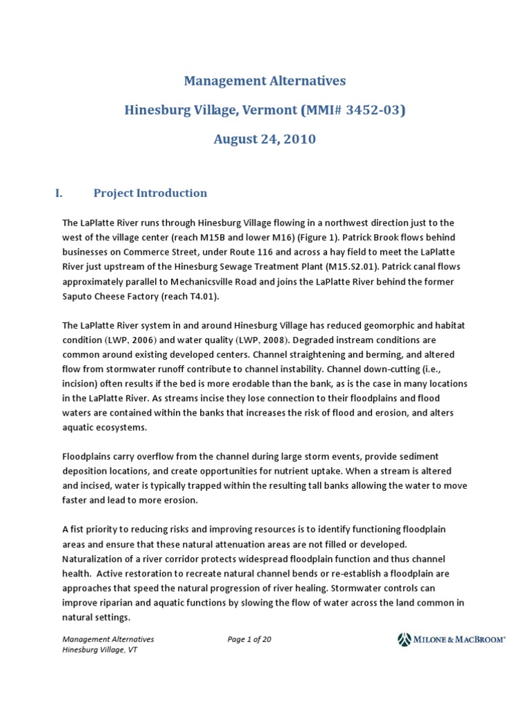 LaPlatte Management Alternatives For Hinesburg Village August 2010