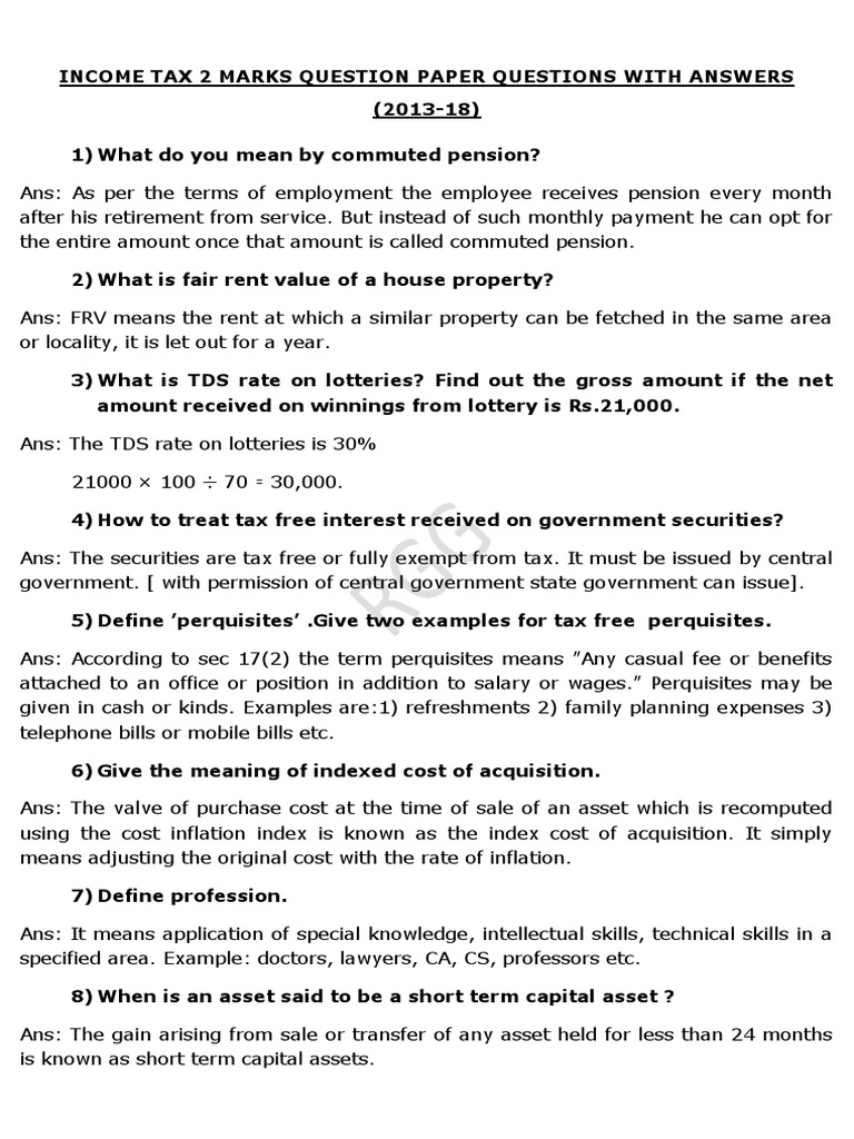 Income Tax 2 Marks Question Paper Questions With Answers PDF | Download ...