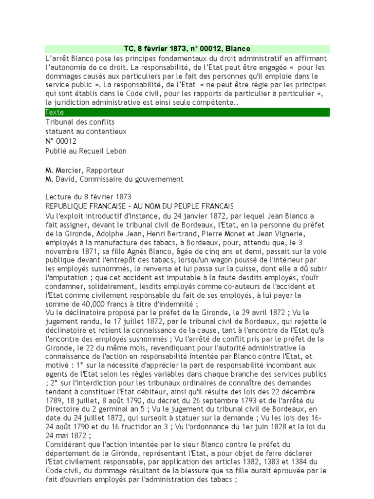 Arret Blanco Fiche D Arret Droit Administratif Arret Blanco TD | PDF | Compétence | Services publics