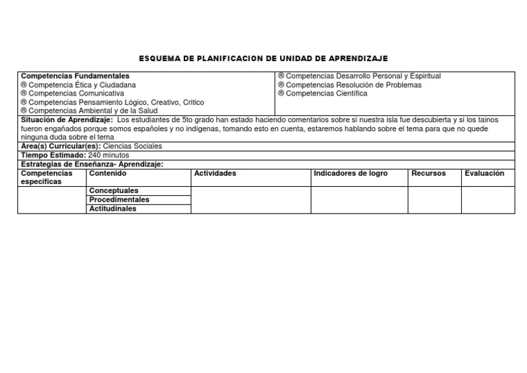 Esquema de Planificacion de Unidad de Aprendizaje Primaria | PDF ...