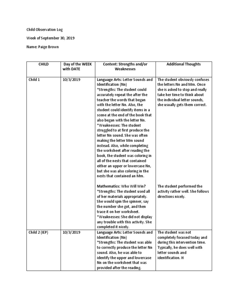 Observation Logs Pdf Letter Case Individualized Education Program
