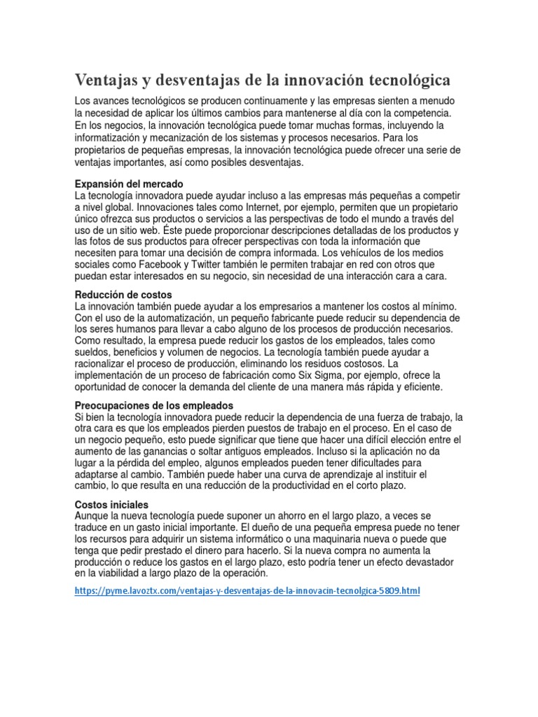 Ventajas y Desventajas de La Innovación Tecnológica