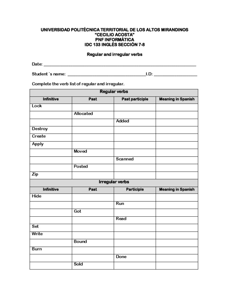 Regular and Irregular Verbs List | PDF