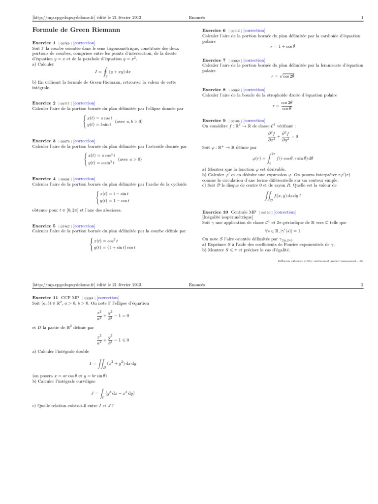 Formule de GreenRiemann et Exercices PDF Intégral Espace — free download