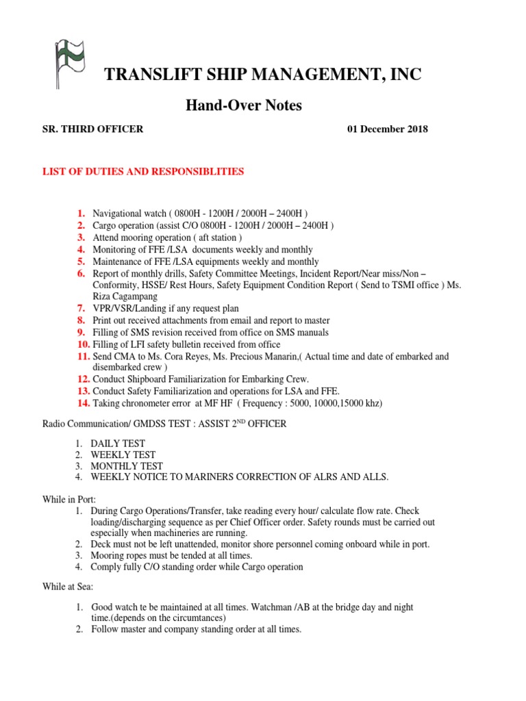 Translift Ship Management, Inc: Hand-Over Notes | PDF | Water Transport ...