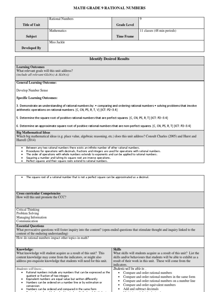 Grade 9 Rational Numbers Unit Plan | PDF | Fraction (Mathematics) | Numbers