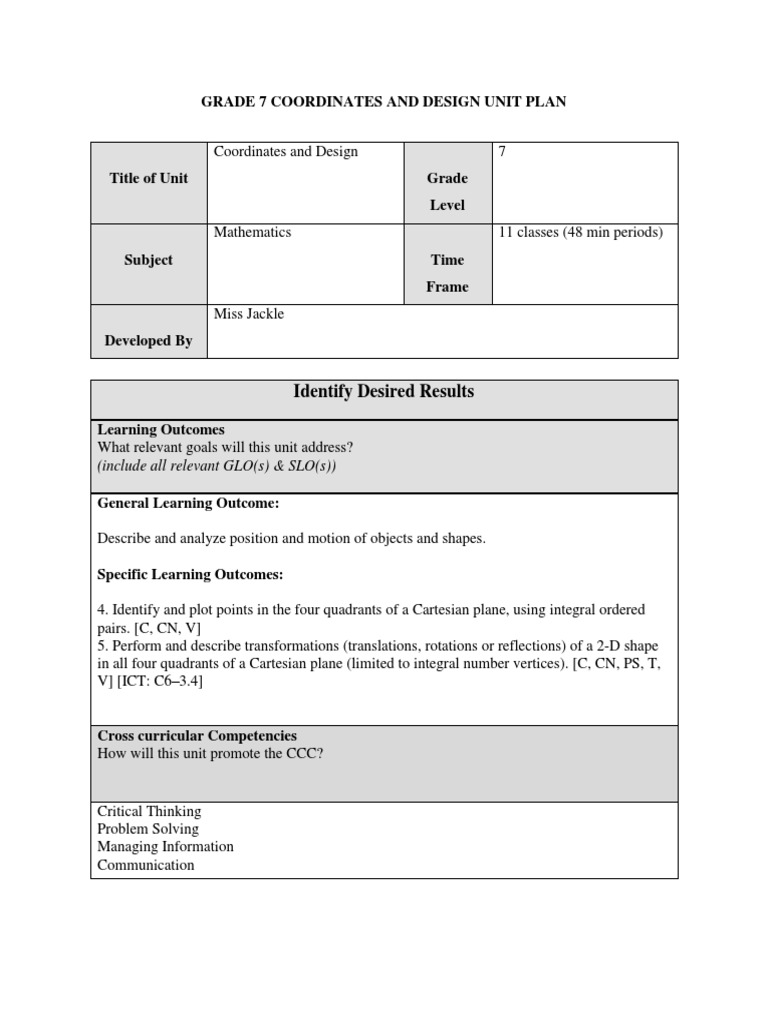 Grade 7 Cartesian Plane Unit Plan | PDF | Cartesian Coordinate System ...