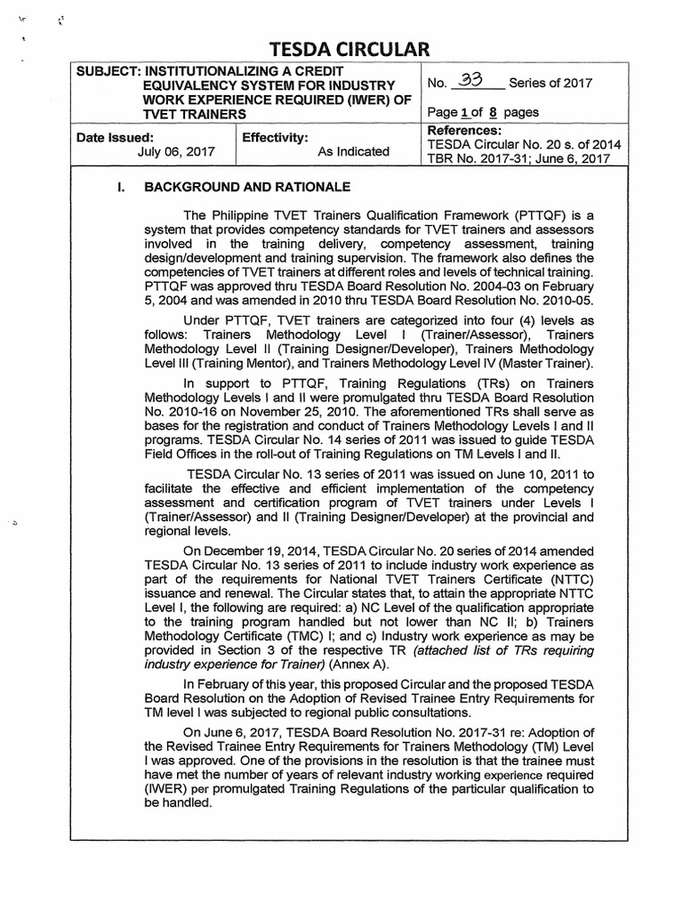Tesda Circular 033 2017 | PDF | Vocational Education | Employment