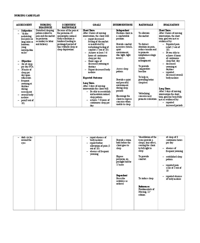 Nursing Care Plan Sleep Wellness