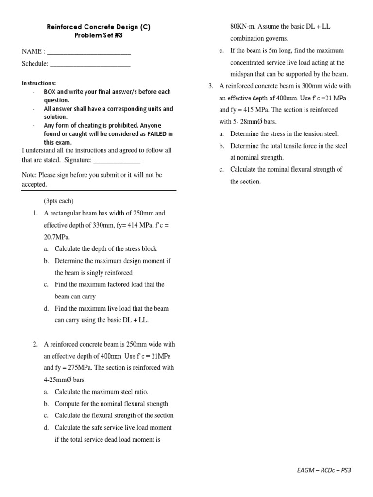 Reinforced Concrete Design (C) Problem Set #3: Eagm - RCDC - Ps3 | PDF |  Beam (Structure) | Reinforced Concrete