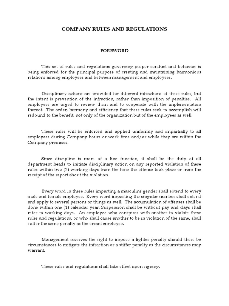 Company Rules and Regulations: Foreword | Download Free PDF | Perjury ...