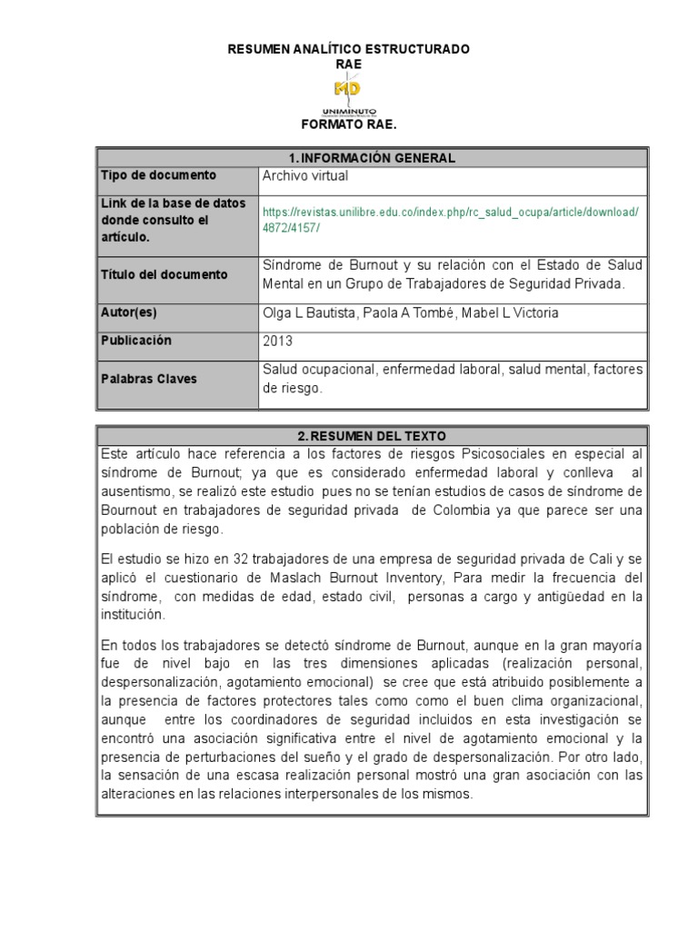 Resumen Analítico Estructurado RAE | Burnout ocupacional | Conceptos ...