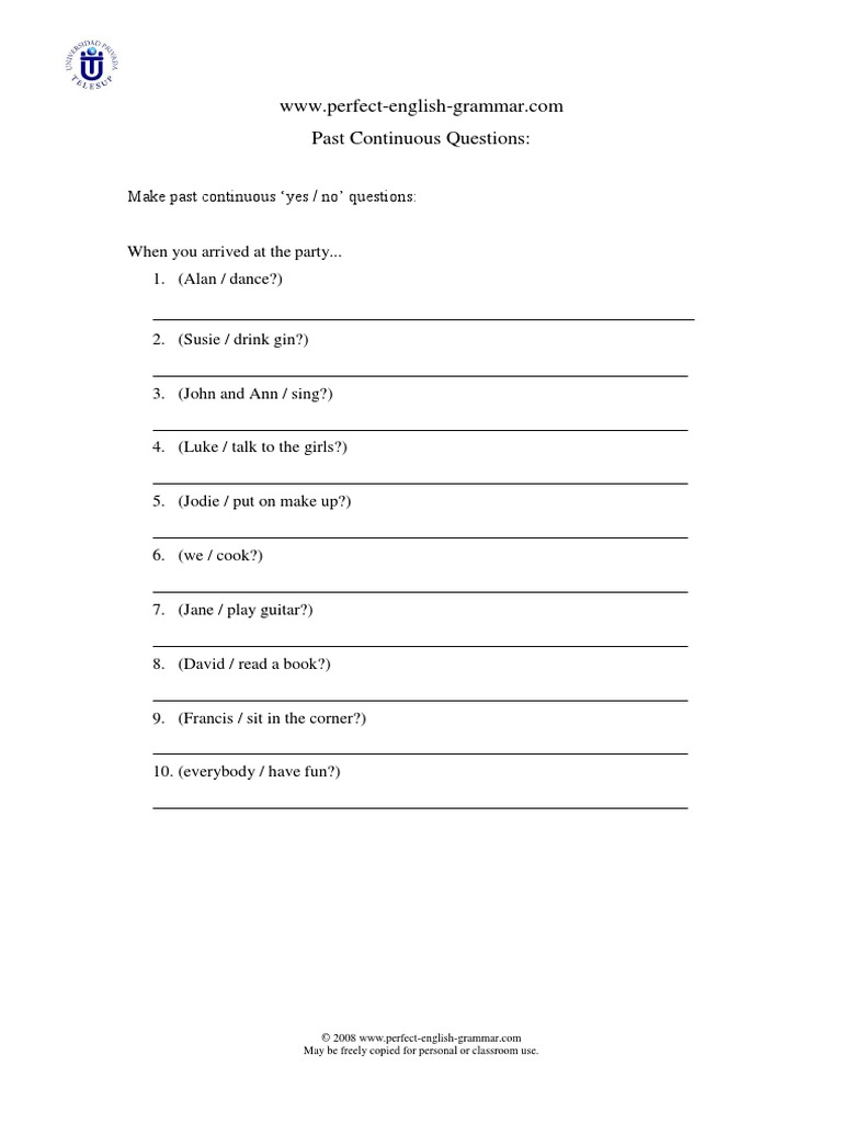 Past Continuous Questions:: May Be Freely Copied For Personal or ...