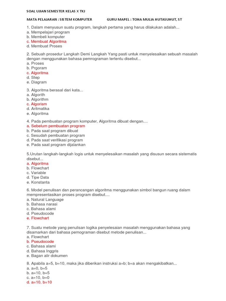 Soal Ujian Semester Kelas X Tkj Pemrograman Dasar Docx