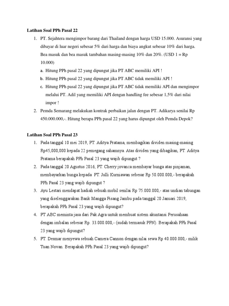 Contoh Soal PPh Pasal 22 dan 23 | PDF