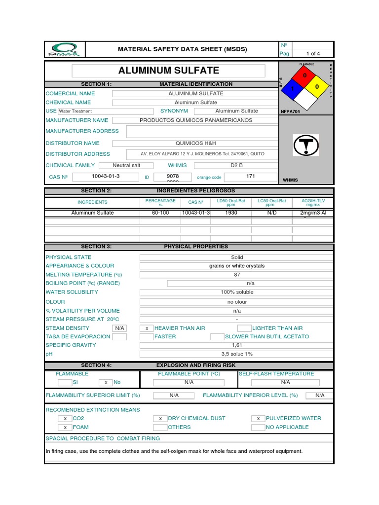 Aluminum Sulfate Material Safety Data Sheet (MSDS) PDF Toxicity