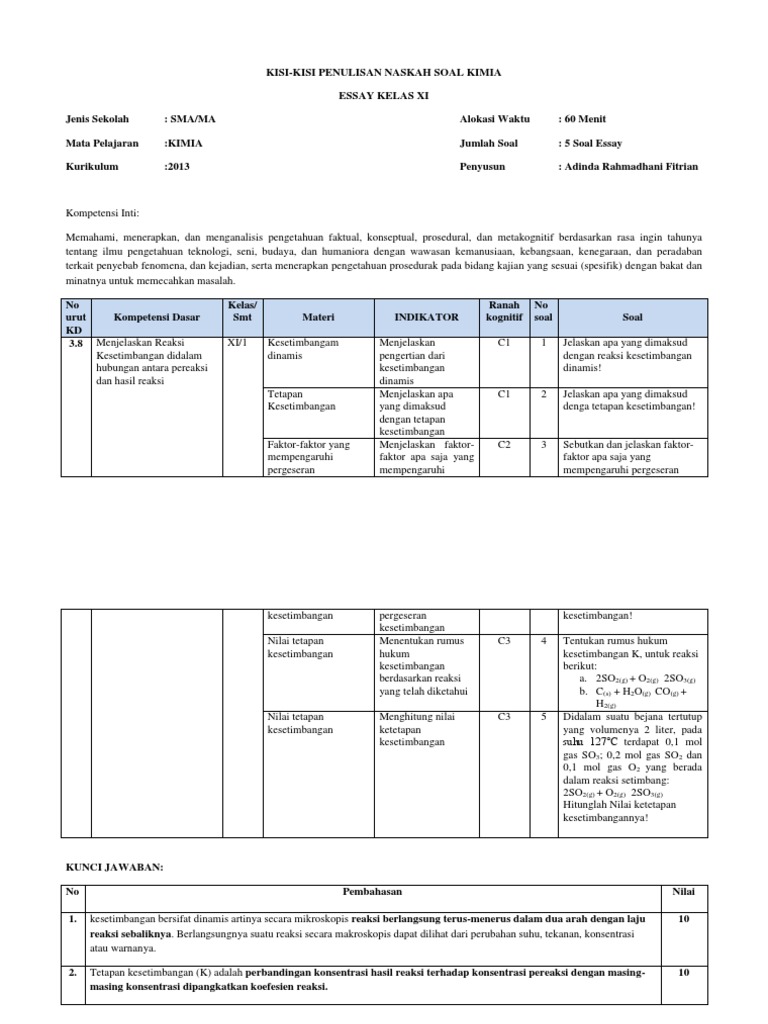 Contoh Soal Untuk Rpp Kesetimbangan Kimia Kelas 11 Kd 3 8