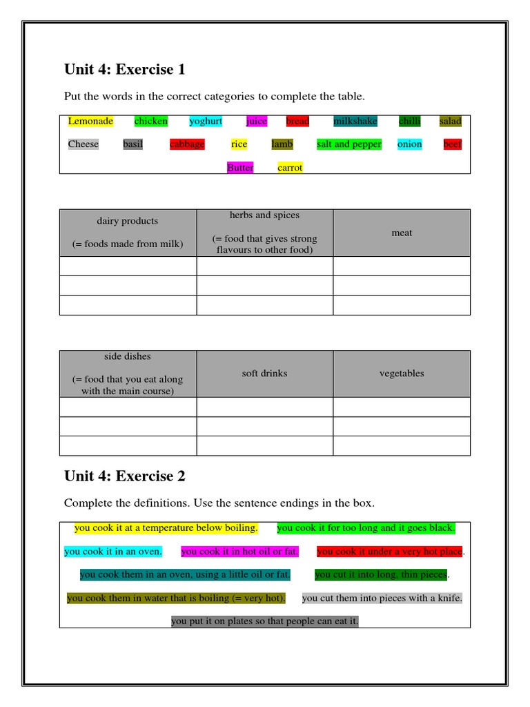 Food Vocabulary and Cooking Exercises | PDF | Tableware | Foods