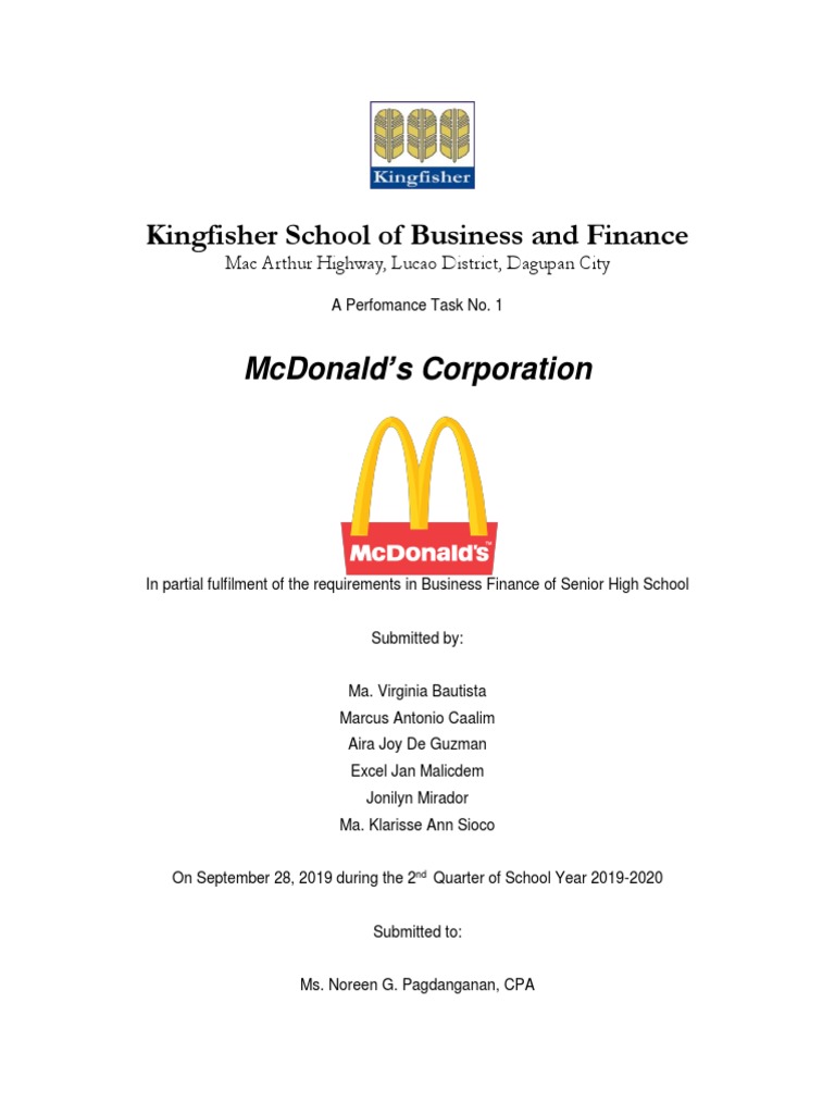 Kingfisher School of Business and Finance Mcdonald 'S Corporation