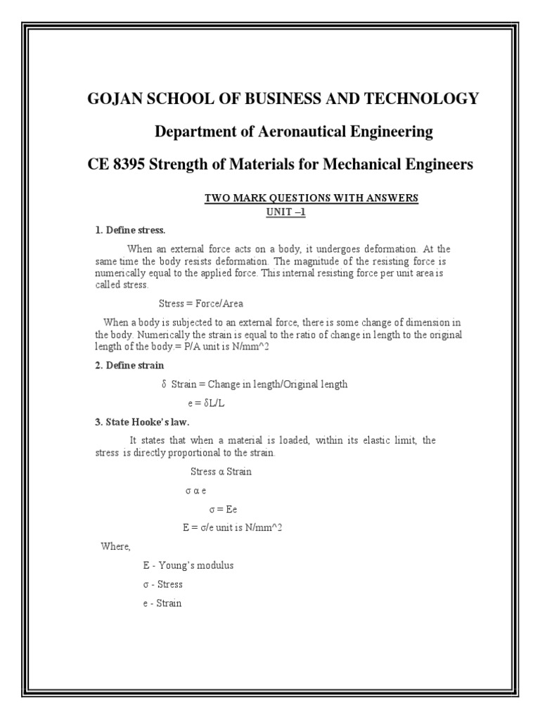 Strength of Materials I: Two Mark Questions and Answers on Stress ...