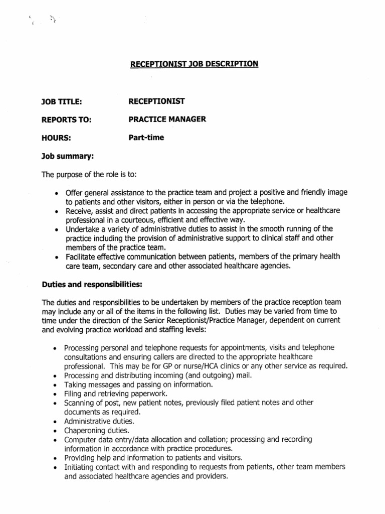 Job Description Receptionist