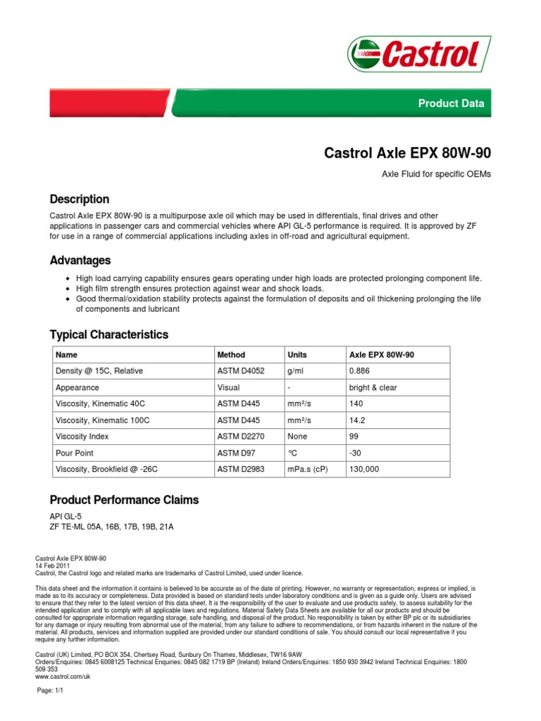 Castrol Axle EPX 80W90 PDF Viscosity Axle