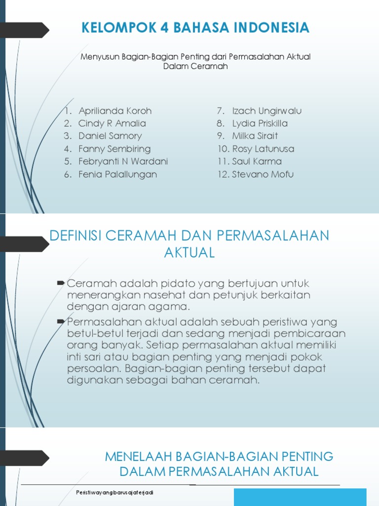 Kelompok 4 Bahasa Indonesia Menyusun Bagian Bagian Penting Dari Permasalahan Aktual Dalam Ceramah