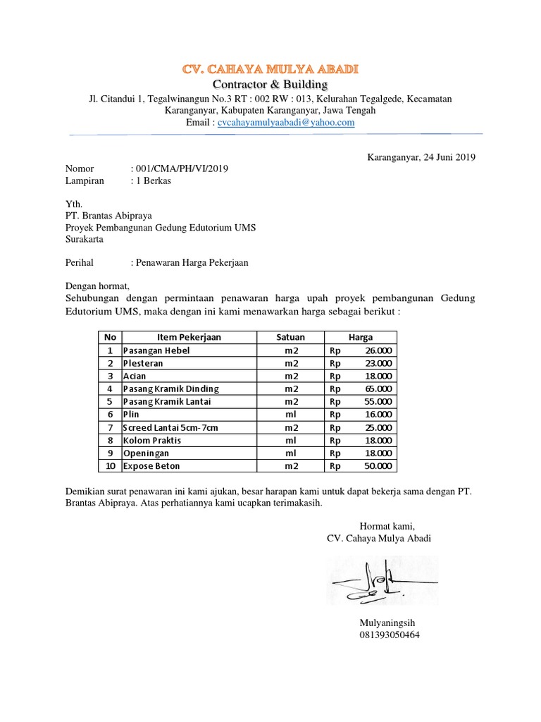 Surat Penawaran Harga Upah Pdf