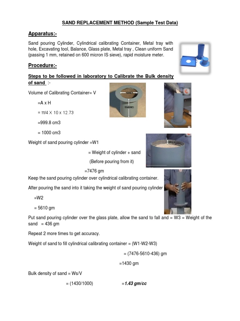 Apparatus Sand Replacement Method (Sample Test Data) PDF
