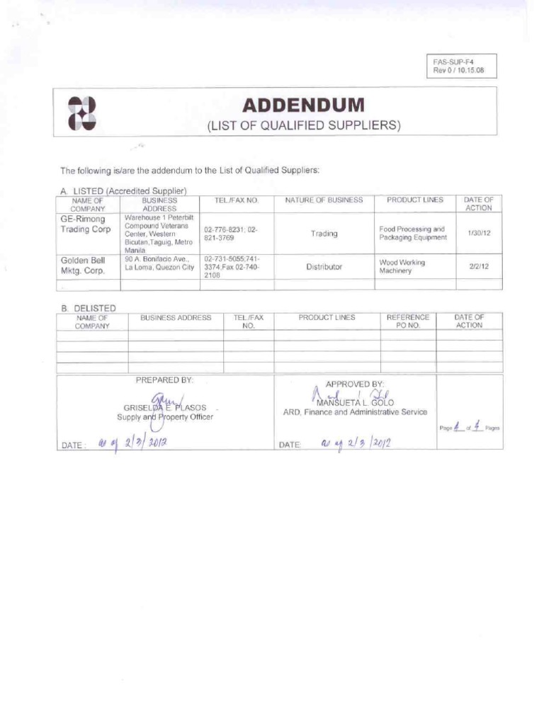 List of Qualified Supplier PDF