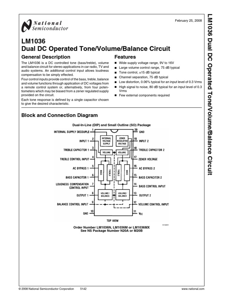 LM1036 Dual DC Operated Tone/Volume/Balance Circuit: General ...