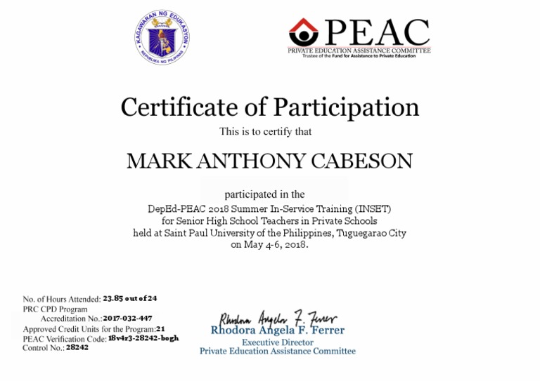 PEAC Certificate for SHS Teachers INSET | PDF
