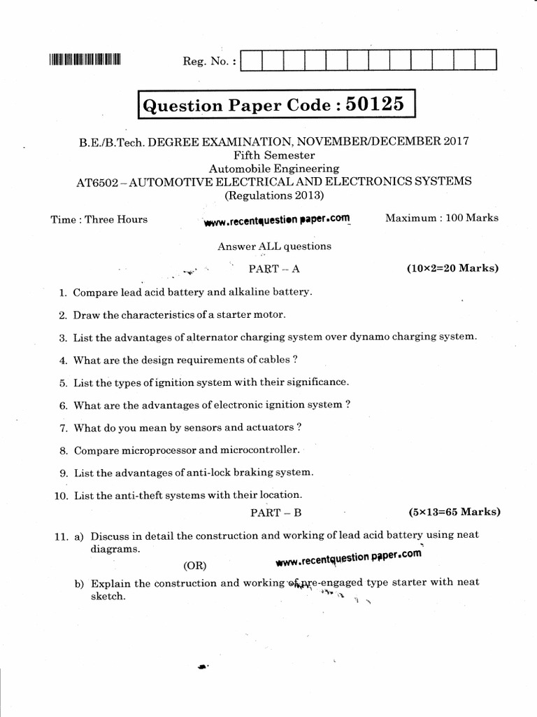 AT6502 Automotive Electrical and Electronics Systems Question Paper Nov