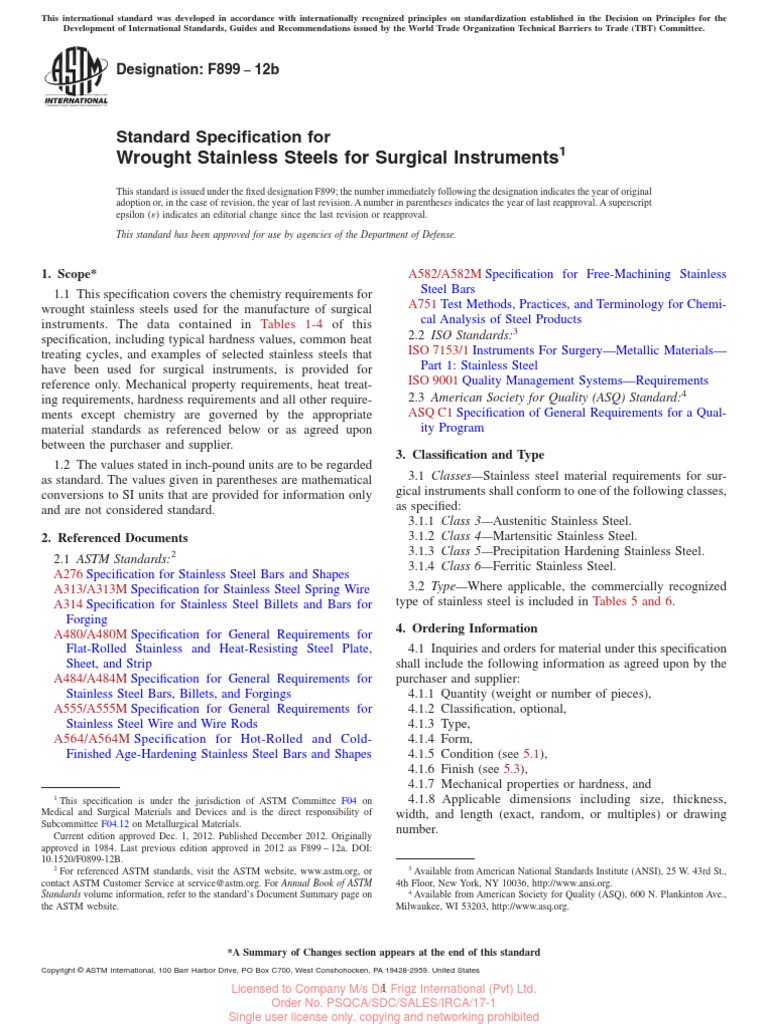 ASTM F89912b Wrought Stainless Steels For Surgical Instruments1 PDF