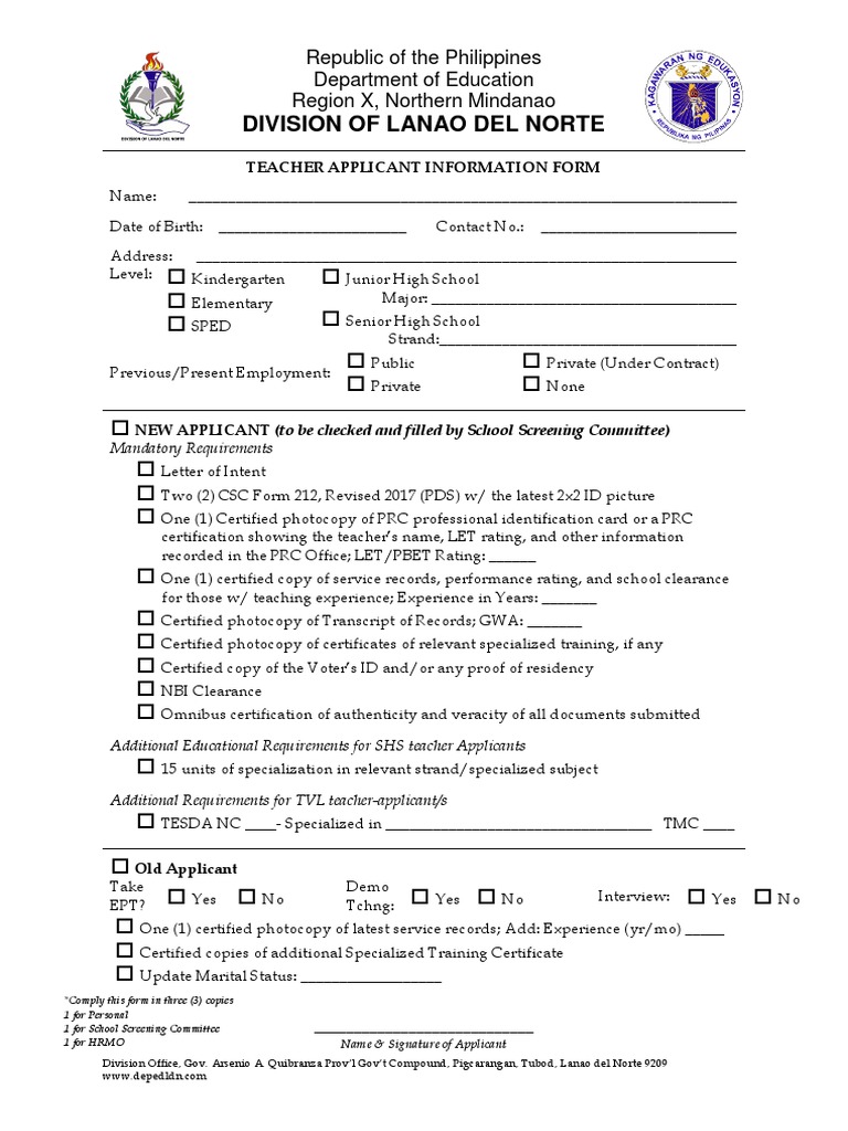 Teacher Applicant Information Form | PDF | Identity Document ...