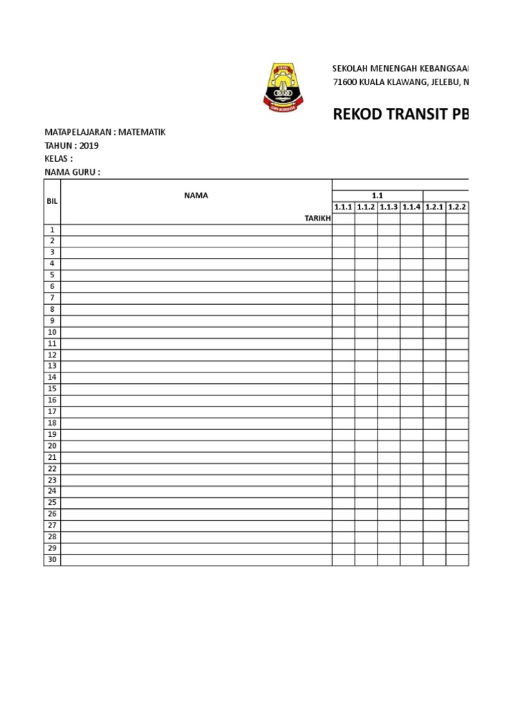 Rekod Transit Pbd Matematik Ting 1 3 Kssm