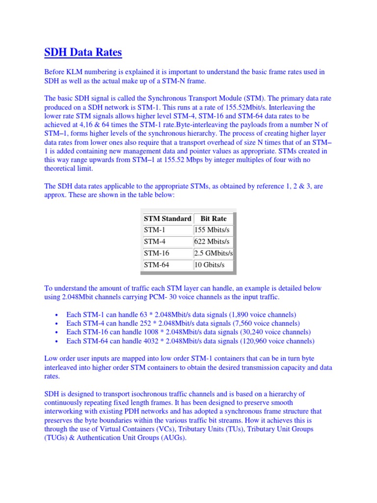 SDH Data Rates | PDF | Bit Rate | Telecommunications Engineering