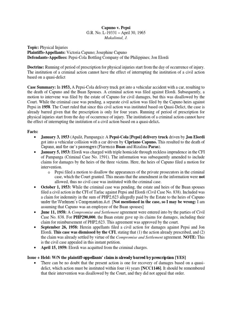 Running of Prescription Period for Civil Action Based on Physical