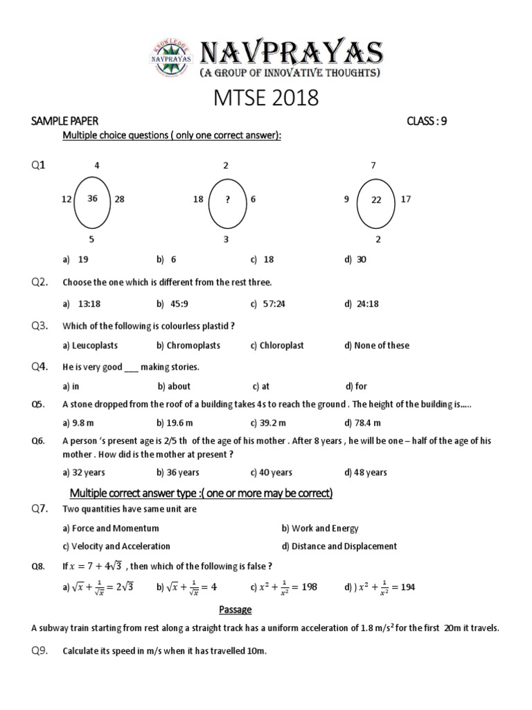 MTSE 2018 sample paper multiple choice questions | PDF | Spacetime ...